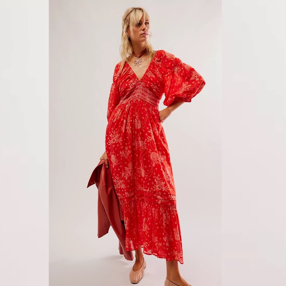 Red V-Neck Boho Maxi Dress - Picture 1 of 6